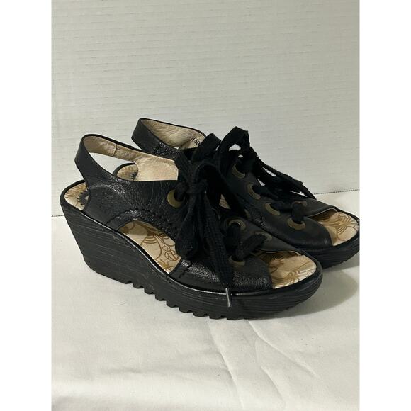 FLY London Black Leather Lace Up Wedge Sandals-YLVA Very Retro-Size 37 US 6.5/7 - Picture 1 of 6